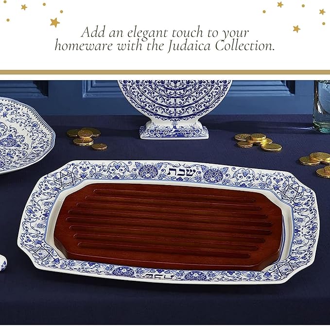 Spode Judaica Collection Challah Tray with Wood Insert - 17.5 Inch Blue & White Porcelain Shabbat Serving Piece, Traditional Judaic Tile Design, Removable Cutting Board Frame