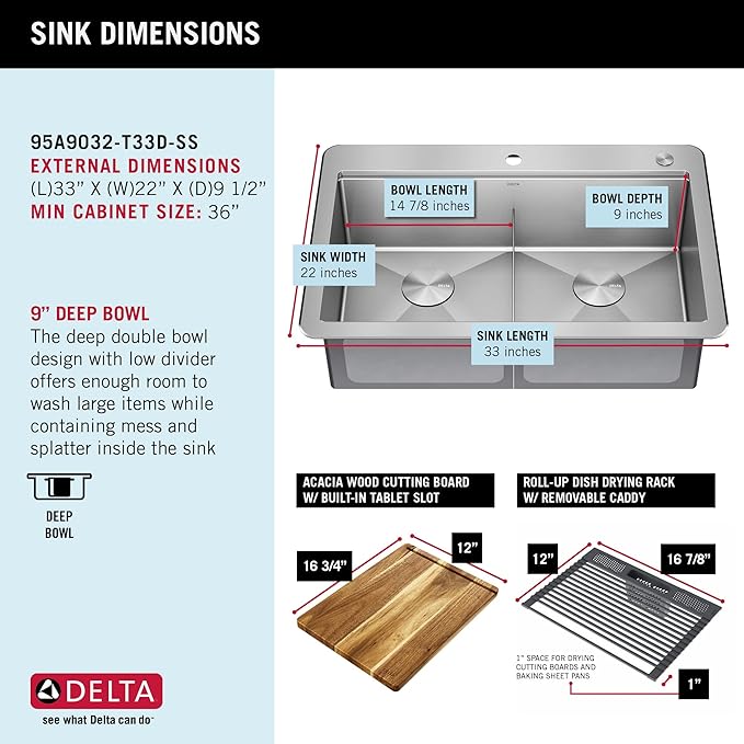 DELTA FAUCET 95A9032-T33D-SS Lorelai Workstation Kitchen Sink Drop-In Top Mount 16 Gauge Stainless Steel Double Bowl with WorkFlow Ledge and Chef’s Kit of 8 Accessories, 33 Inch
