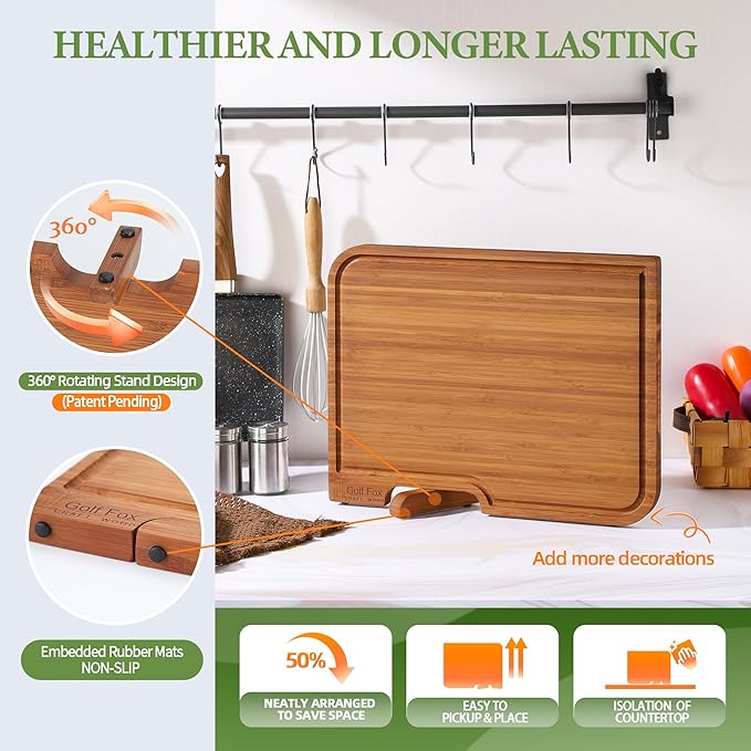 2-PCS Bamboo Cutting Board Set, Wood Cutting Board for Kitchen with Innovative Stand, Juice Groove & Handle, Double Sided for Chopping & Charcuterie Board, Kitchen Gift for Home Cooks, For Meat &Fruit