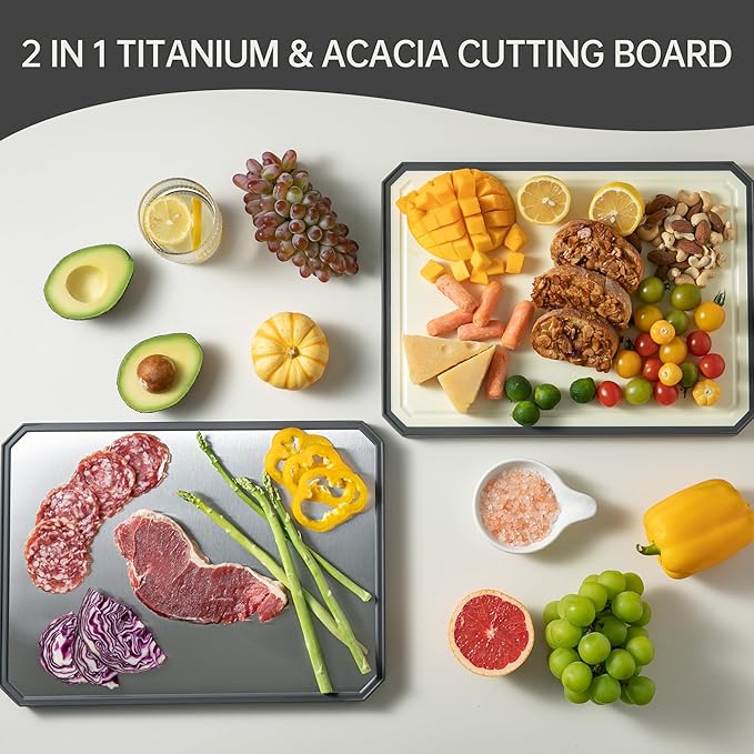 Stainless Steel Cutting Board, Double Sided Stainless Steel/Wheat straw pp Cutting Boards for kitchen, Large Chopping Board with Handle for Meat and Kitchen, 16.7”×10.4”