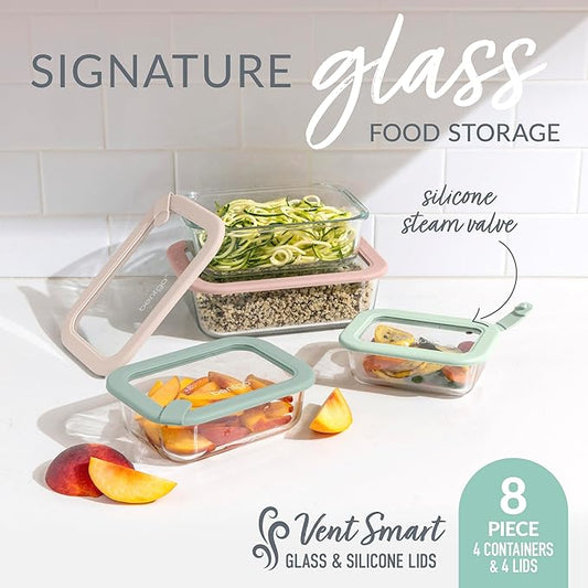 Bentgo Signature Leak-Proof Glass Food Storage - 8-Piece Set, 1-Compartment Plastic-Free Containers with Airtight Glass Lids, BPA-Free, Microwave, Freezer, Oven & Dishwasher Safe (Desert Sage)