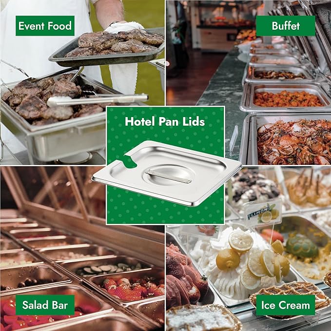 HECMAC 6-Pack 1/4 Size Slotted Hotel Pan Cover, Stainless Steel Solid Steam Table Catering Food Pan Lid with Handle