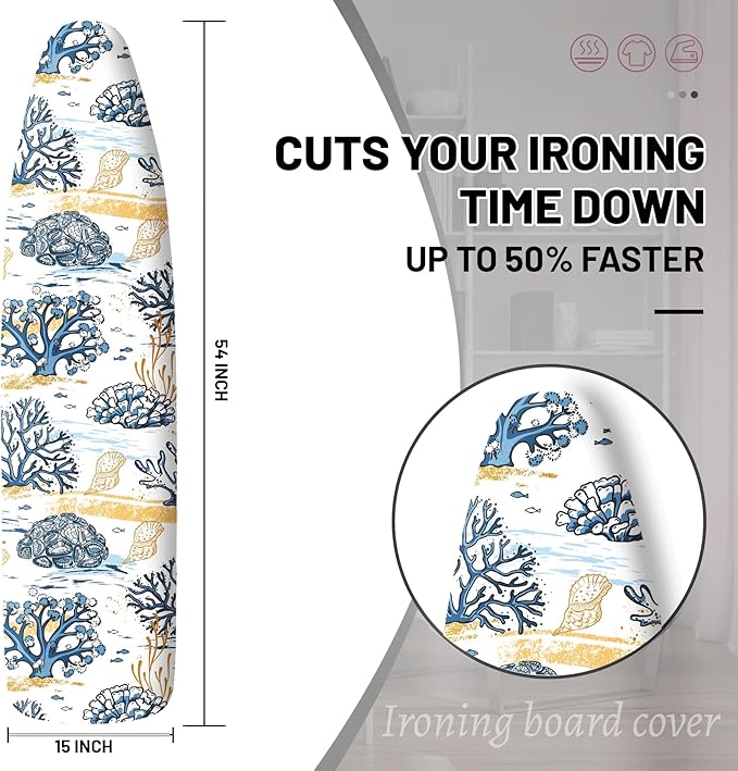 Extra Thick Ironing Board Cover and Pad, 15x54 Ironing Board Cover, Resist Scorching and Staining,Elastic Edges,Coral Nautical