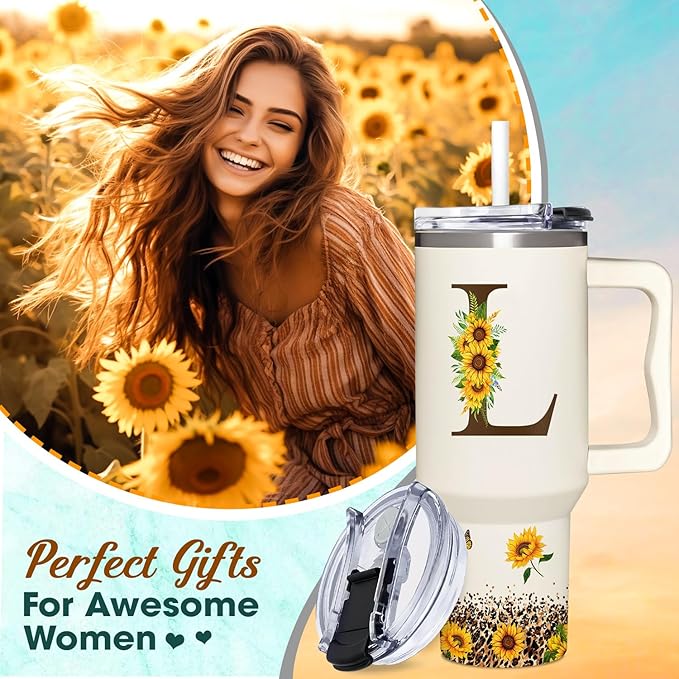 Personalized Birthday Gifts For Women - Sunflowers Monogrammed Cup For Boss Day, Christmas - Customized Gifts For Women, Mom, Wife, Coworkers, Boss Lady, Her - Custom Tumbler With Handle 40oz