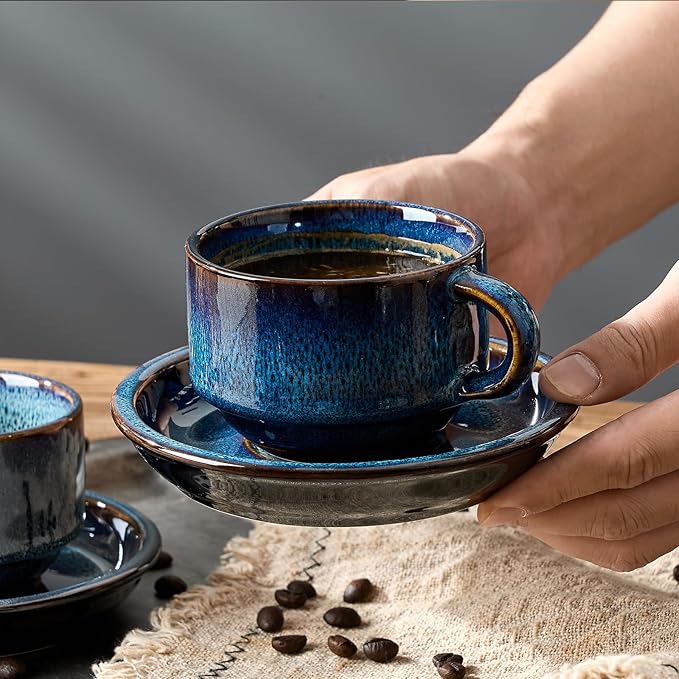 JIEMEI HOME Porcelain Stackable Cappuccino Cups with Saucers and Metal Stand, 7 Ounce Espresso Cups for Latte Coffee Cafe, Specialty Coffee Drinks, Cappuccino and Tea - Set of 4, Deep Blue