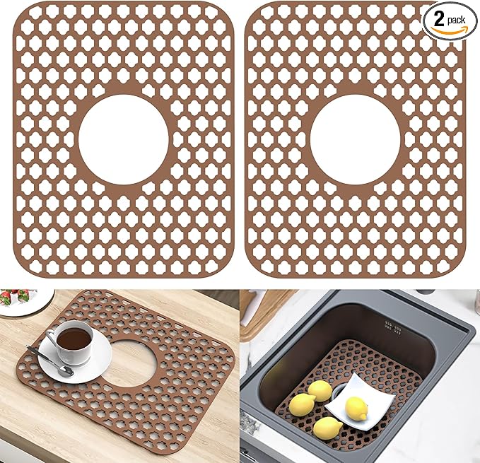 2 Pack Silicone Sink Protector for Kitchen Sink Bathroom, 13.58"x 11.6" Heat-resistant Sinks Mat, Non-Slip and Durable Sinks Protectors Silicone, Center Drain (Coffee)