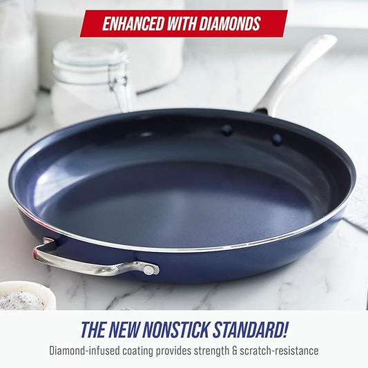 Blue Diamond 14" Nonstick Frying Pan, PFAS Free Ceramic Family Pan, Jumbo Pan with Helper Handle, Diamond Infused Nonstick Skillet, Dishwasher & Oven Safe, Durable, Non Toxic, Metal Utensil Safe, Blue