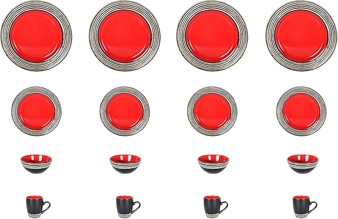 16 Piece Dinnerware Set, Ceramic Plates and Bowls Sets for 4, Microwave and Dishwasher Safe, Handcrafted Tree Bark Series Dish Set, Strawberry/Red