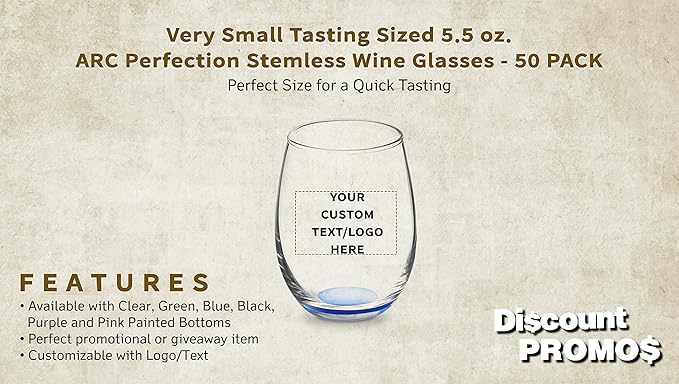 Custom Stemless Wine Glasses by ARC 5.5 oz. Set of 50, Personalized Bulk Pack - Perfect for Hotel, Bar, Restaurant or Lounge - Blue