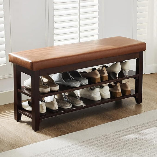 40" Shoe Bench with Leather Cushion, 2-Tier Shoe Rack Entryway Bench, Wood Bench for Front Door Entrance, Mudroom, Hallway, Wooden Shoe Shelves, Shoe Organizer, Shoe Storage, Light Brown