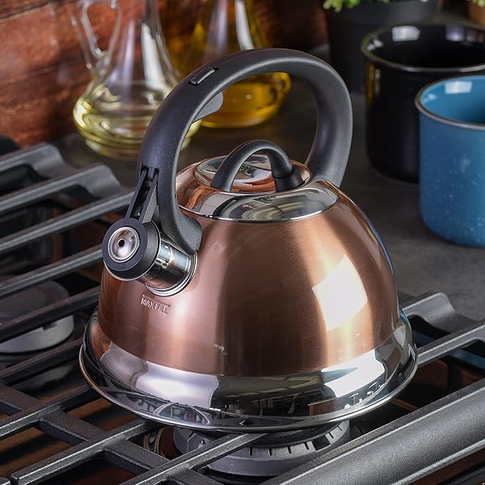 Mr. Coffee Flintshire 1.75-Quart Stainless Steel Whistling Tea Kettle with Nylon Handle – Copper Finish Stove-Top Kettle for Boiling Water
