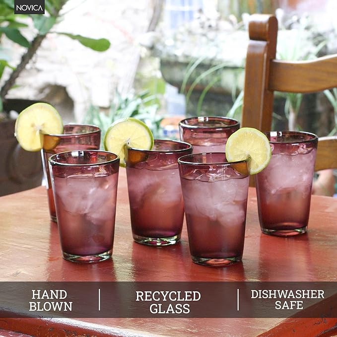 NOVICA Artisan Handblown Recycled Ecofriendly Tall Tumblers Purple Glass Drinkware Set 6 Mexico Tableware Glasses Water Hollywood Glam [ 5.5in H x 3.9in Diam. 15 Oz.] ' Amethyst' Set of 6