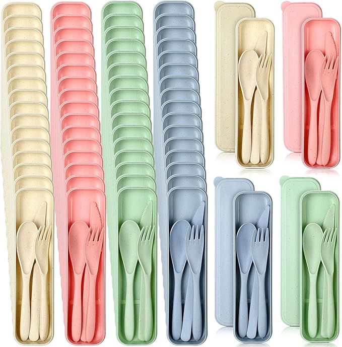 Jinei 50 Sets Reusable Travel Utensils Set with Case Wheat Straw Cutlery Portable Spoon Knife Forks Lunch Box Accessories Friendly Tableware for Kids Adults Camping Utensils(Bright)