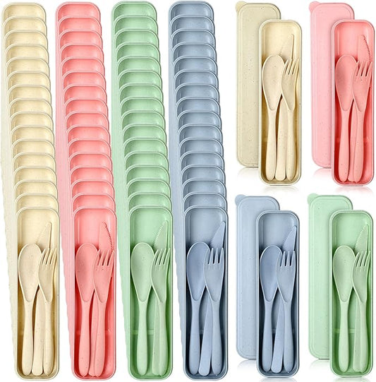 Jinei 50 Sets Reusable Travel Utensils Set with Case Wheat Straw Cutlery Portable Spoon Knife Forks Lunch Box Accessories Friendly Tableware for Kids Adults Camping Utensils(Bright)