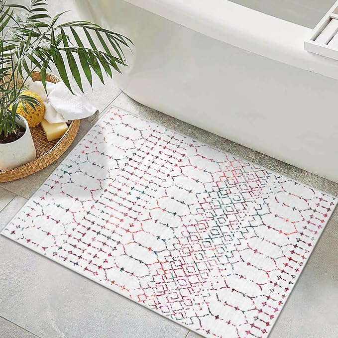 Lahome Moroccan Indoor Door Mats for Entryway - 2x3 Area Rug Non-Slip Backing Washable Rug for Kitchen Low-Profile Throw Soft Bath Rug, Colorful Print Distressed Front Door Rugs for Entrance Bedside