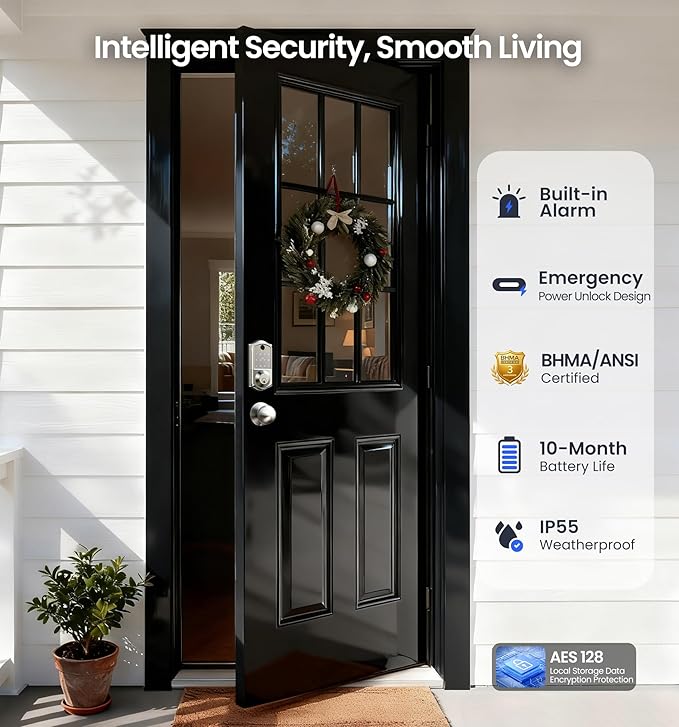 Veise VE017-K Fingerprint Smart Lock with 2 Knobs, App Control, Keyless Entry Front Door Lock with Handle Set, Electronic Digital Touchscreen Keypad Deadbolt, IP55 Waterproof, Auto-Lock, Satin Nickel