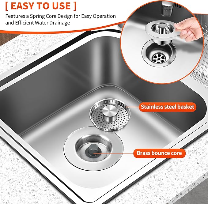 3-in-1 Kitchen Sink Drain Strainer with Bounce Core - Universal Stainless Steel Drain Stopper 2-Pack, Easy to Install & Clean, Upgraded Design
