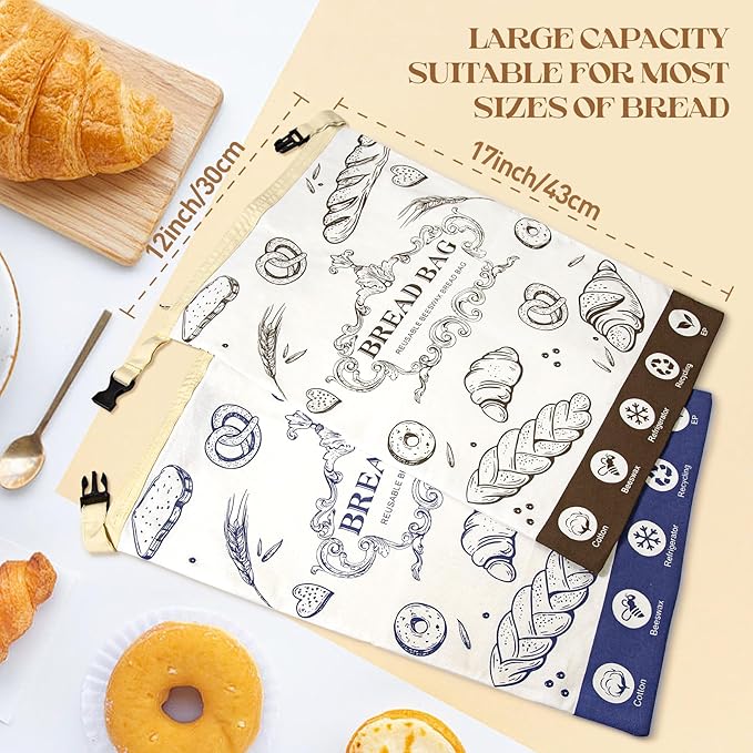 Reusable Beeswax Bread Bags with Zipper - Large Capacity Cotton Storage for Homemade, Sourdough & Fresh Bread | Food-Grade Eco-Friendly Storage Solutions