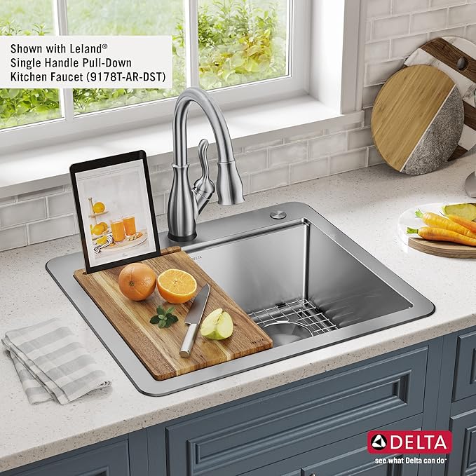 DELTA FAUCET 95A932-25S-SS Lorelai Workstation Kitchen Sink Drop-in Top Mount Stainless Steel Single Bowl with WorkFlow Ledge and Chef’s Kit of 5 Accessories