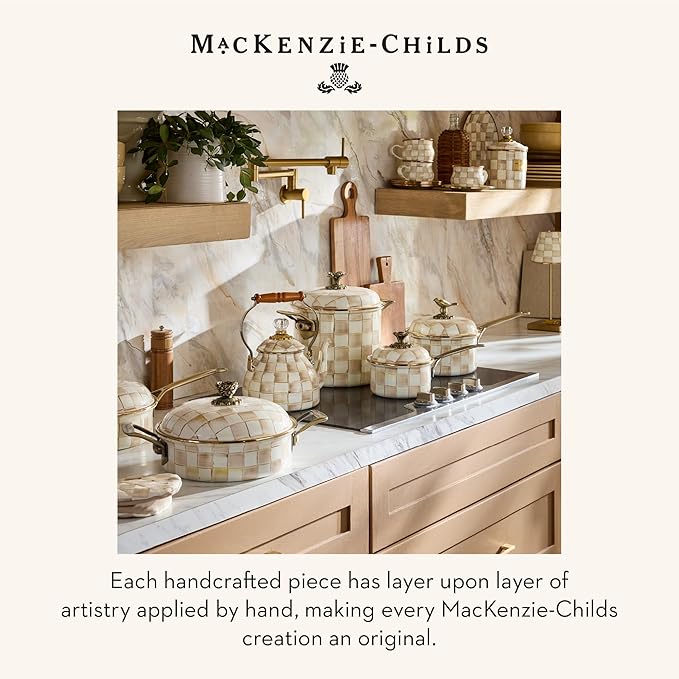 MACKENZIE-CHILDS Enamel Teacup, Unique Coffee and Tea Mug, Enamel Cup for Hot Tea, 10 Ounces, Brown-and-White Mocha Check