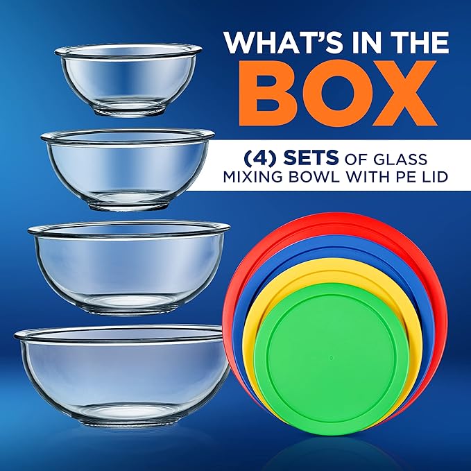 NutriChef 4‑Piece Glass Mixing Bowls with Lids – Premium Borosilicate Glass Bowl Set (1 QT‑3.7 QT) – Non‑Toxic Bowls with Airtight Lids for Mixing, Baking, Serving & Storage