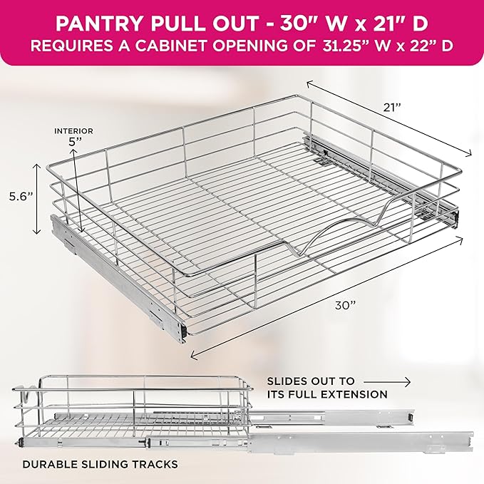 HOLDN’ STORAGE Heavy-Duty Premium Collection Pull Out Cabinet Organizer, Cabinet Drawer Slide Outs, Lifetime Limited Warranty - Basket Size 30" W x 21" D x 5" H, Anti-Rust Chrome Finish