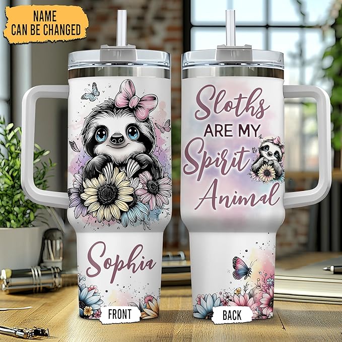 Personalized Sloth 40oz Tumbler with Handle and Straw Gifts for Animal Lovers, Sloth Lovers Gifts for Girl Women, Unique Birthday Christmas Gift Idea, Custom Name Stainless Steel Travel Cup