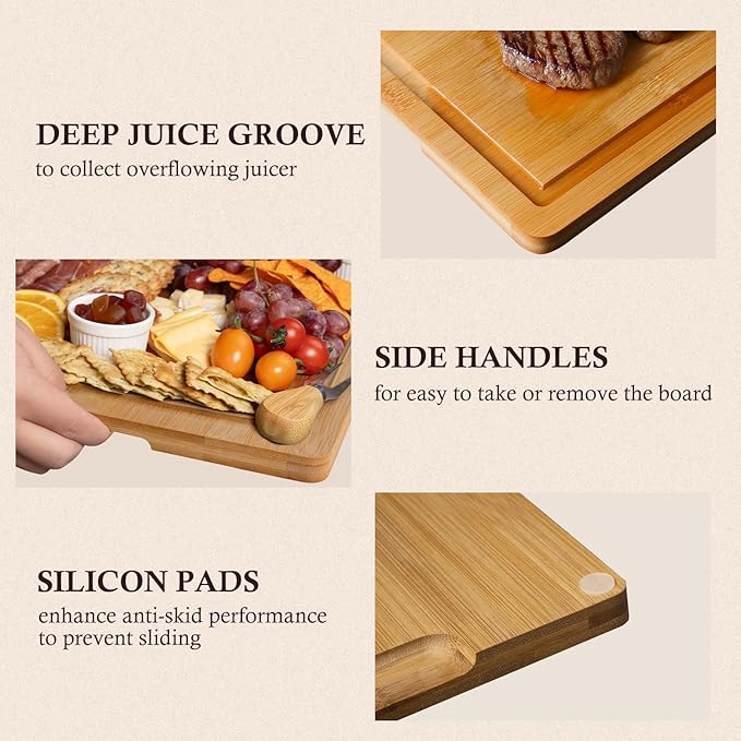 Empune Bamboo Cutting Board Set, Wood Cutting Boards for Kitchen with Holder Wooden Chopping Board for Meal Prep & Serving, Natural Bamboo
