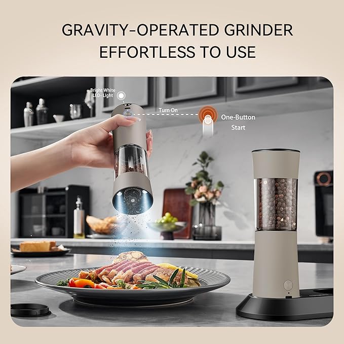 Gravity Electric Salt and Pepper Grinder Set with USB-C Charging Base,Rechargeable Automatic Stainless Steel Pepper Mill Grinder with LED Light, 2pack(Brown)