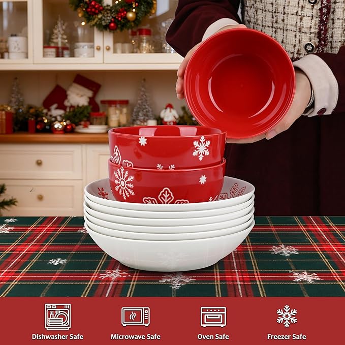 Ollieroo 4 Pieces Ceramic Christmas Cereal Bowls Set, 5.6 Inch White Red Snowflake Xmas Holiday Porcelain All Purpose Dessert Soup Bowls Set for Pasta, Rice, Salad, Microwave and Dishwasher Safe