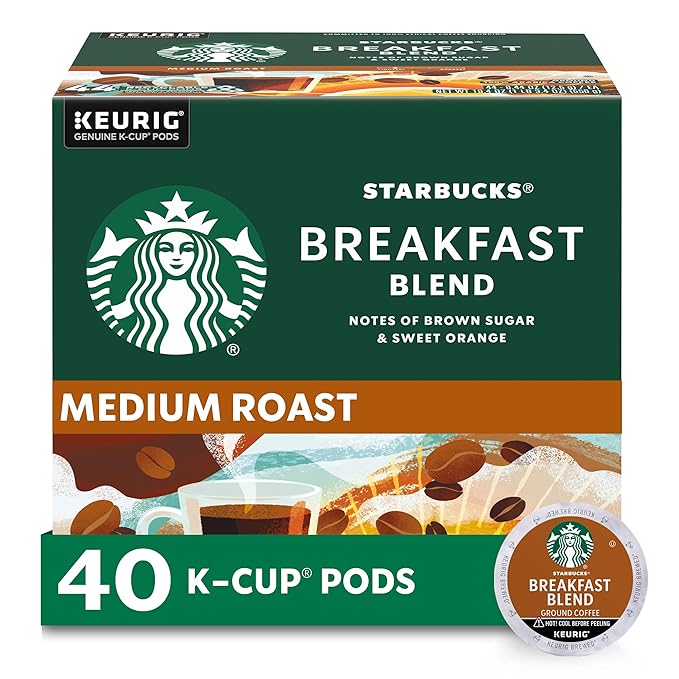Starbucks K-Cup Coffee Pods, Medium Roast Hot or Iced Coffee, Breakfast Blend, 40 Keurig Pods