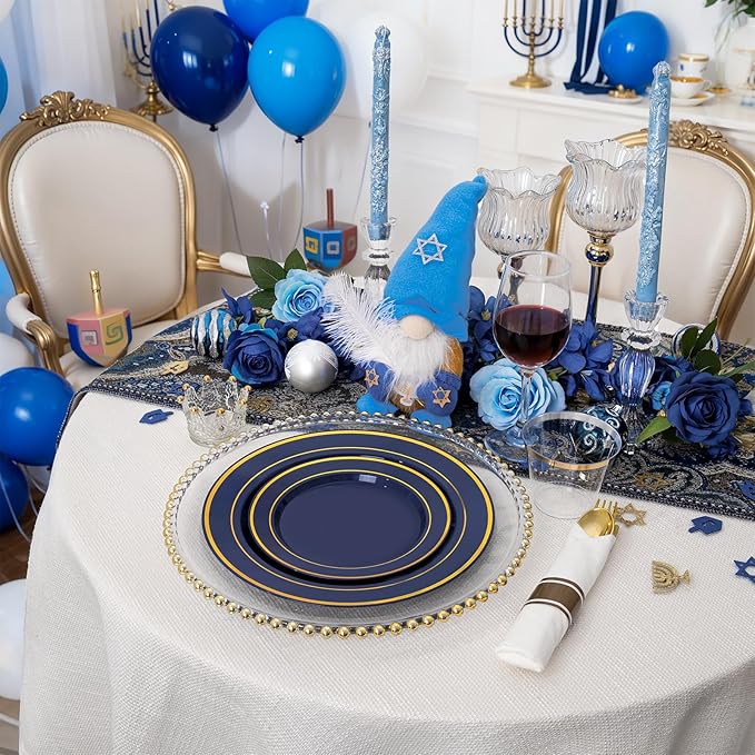 175PCS Blue and Gold Plastic Plates - Navy Blue Plates with Pre Rolled Napkins for Party - 25Guest Disposable Dinnerware Sets for Hanukkah/Party/Hanukkah/Wedding