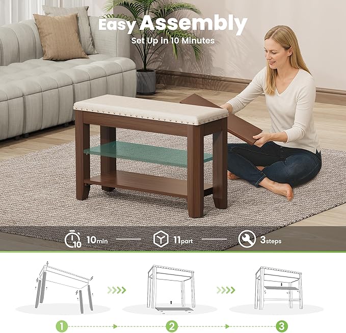 Shoe Bench for Entryway, Solid Rubberwood Shoe Bench with Hidden Storage, Adjustable 2-Tier Shelves & Soft PU Leather Seat, Shoe Rack Durable Easy Assembly for Hallway or Bedroom - Beige, 31.5"