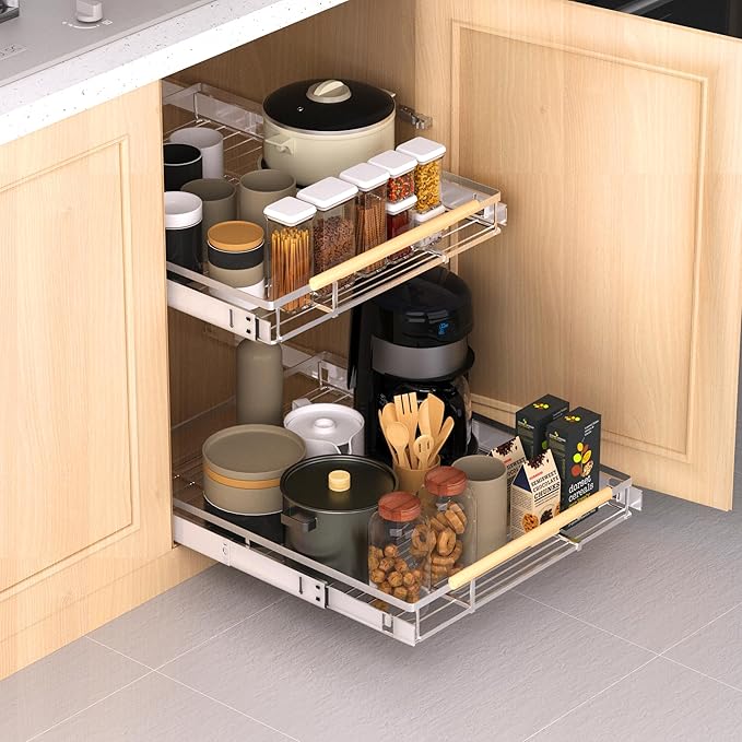 Expandable Pull Out Drawer Cabinet Organizer, Adjustable Width Bottom-Mounted Slide Out Storage Shelves for Cabinets, Required Cabinet Size (10.16"~16.36", D≥17.3"), 2 Pack