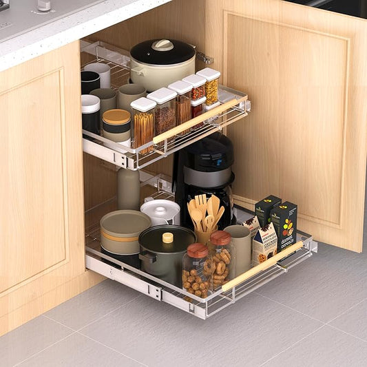 Expandable Pull Out Drawer Cabinet Organizer, Adjustable Width Bottom-Mounted Slide Out Storage Shelves for Cabinets, Required Cabinet Size (14.16"~24.36", D≥17.3"), 1 Pack, Stainless Steel