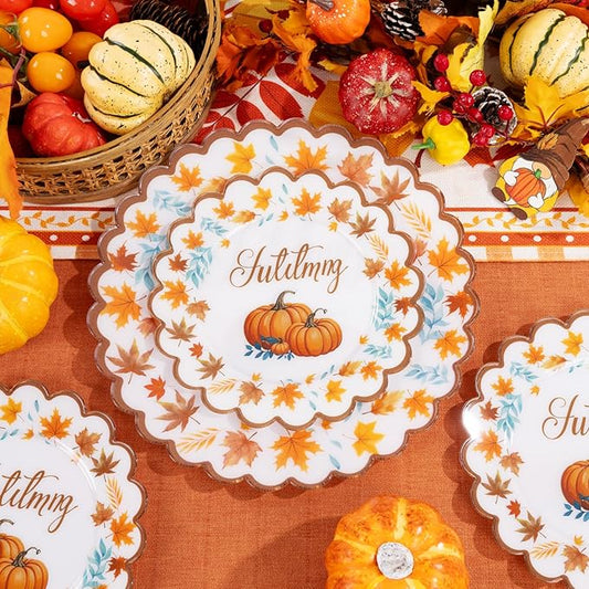 Supernal 60pcs Thanksgiving Plastic Plates Heavy Duty,Fancy Scalloped Plates with Fall Pumpkin and Autumn Maple Leaves, Include 30 Dessert Plate&Dinner Plastic Plate for Thanksgiving Party
