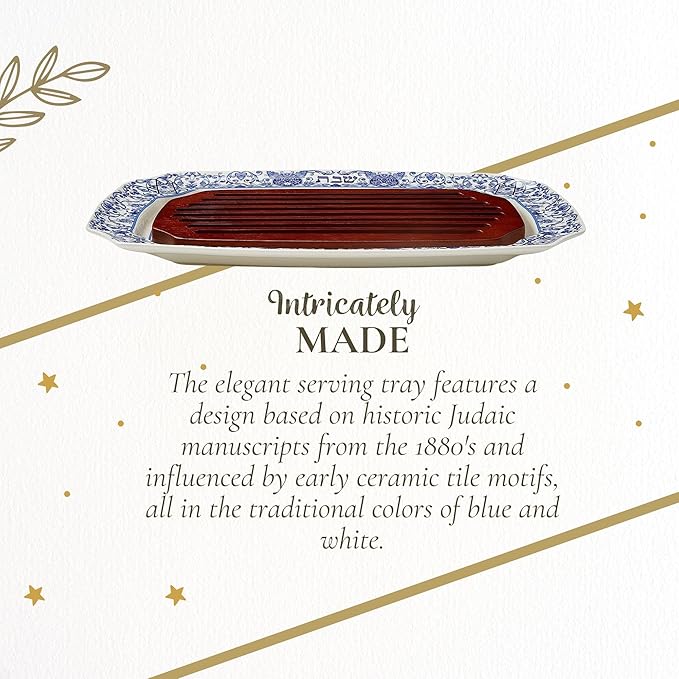 Spode Judaica Collection Challah Tray with Wood Insert - 17.5 Inch Blue & White Porcelain Shabbat Serving Piece, Traditional Judaic Tile Design, Removable Cutting Board Frame