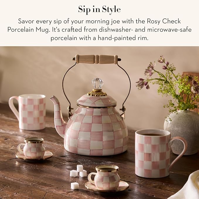 MACKENZIE-CHILDS Porcelain Mug, Tea and Coffee Mug, Pink-and-White Rosy Check