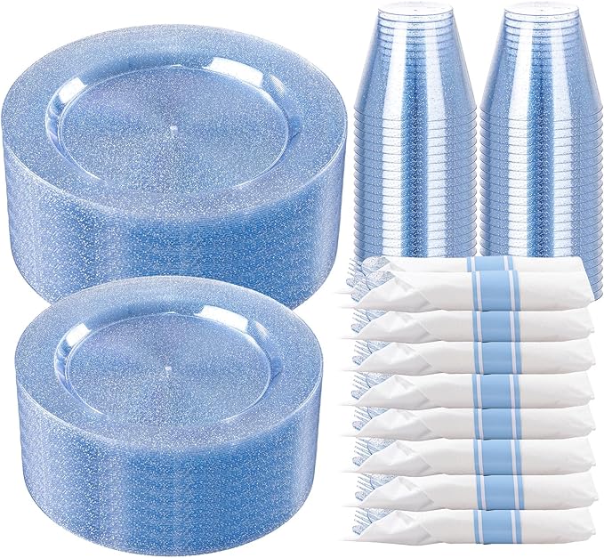 DaYammi 350 Pieces Blue Glitter Dinnerware Set 50 Guest for Party- 50 Dinner Plates, 50 Dessert Plates -50 Per Rolled Napkins with Blue Cutlery - 50 Disposable Cups 9 OZ