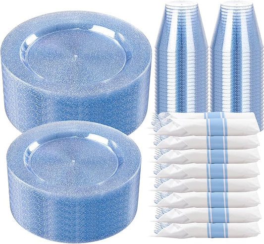 DaYammi 350 Pieces Blue Glitter Dinnerware Set 50 Guest for Party- 50 Dinner Plates, 50 Dessert Plates -50 Per Rolled Napkins with Blue Cutlery - 50 Disposable Cups 9 OZ