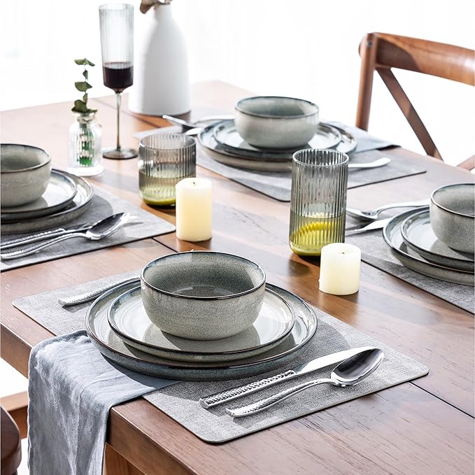 GBHOME 16 Pieces Double Bowls Ceramic Dinnerware Sets for 4, Stoneware Plates and Bowls Set with Reactive Glaze, Scratch Resistant Stoneware Dishes Set, Dishwasher & Microwave Safe