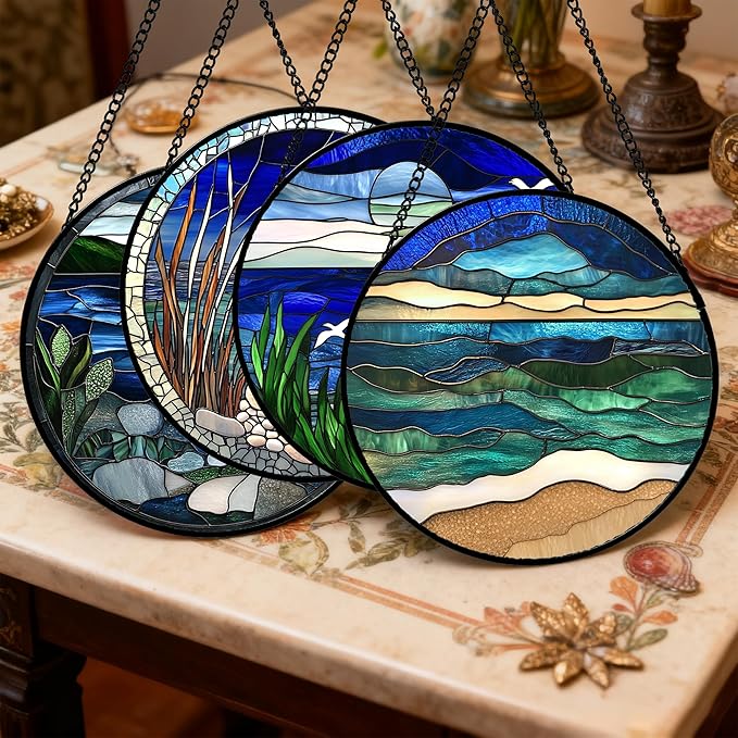 Stained Glass Window Hanging 4 Pcs Set Navy Blue Ocean Landscape 9.8" - Suncatcher Door Garden Sun Catcher Decor Birthday Mother's Day for Mom Woman Nana Girl Boy Friend