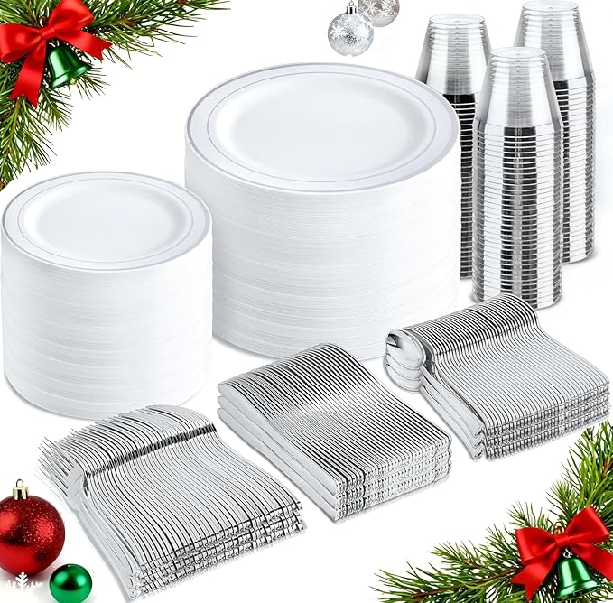 bUCLA 600pcs Silver Plastic Dinnerware Set for 100 Guests - Silver Christmas Dinnerware Set Disposable for Party - Include 100 Dinner Plates,100 Dessert Plates,100Cups,100 Knives,100 Forks,100 Spoons