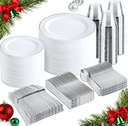 bUCLA 600pcs Silver Plastic Dinnerware Set for 100 Guests - Silver Christmas Dinnerware Set Disposable for Party - Include 100 Dinner Plates,100 Dessert Plates,100Cups,100 Knives,100 Forks,100 Spoons