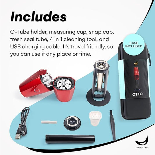 Banana Bros OTTO Electric Smart Spice Grinder - Automatic Herb Grinder with Smart Technology - Rechargeable via USB - Portable Milling for Dry Herbs and Spices - Red - Carrying Case Included