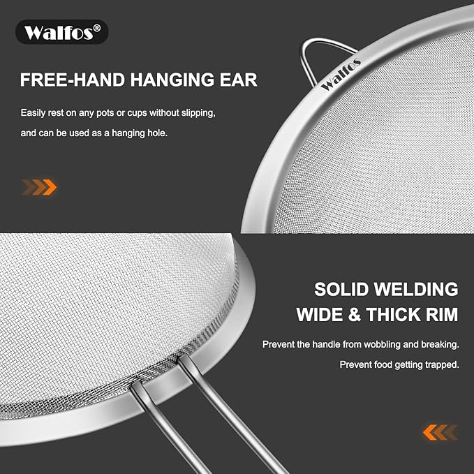 Walfos 8.6 Inch Large Fine Mesh Strainer, Kitchen Metal Food Strainers with Sturdy Handle, Stainless Steel 30 Mesh Sieve Sifters for Rice, Quinoa, Pasta, Fruits, Vegetables, etc.