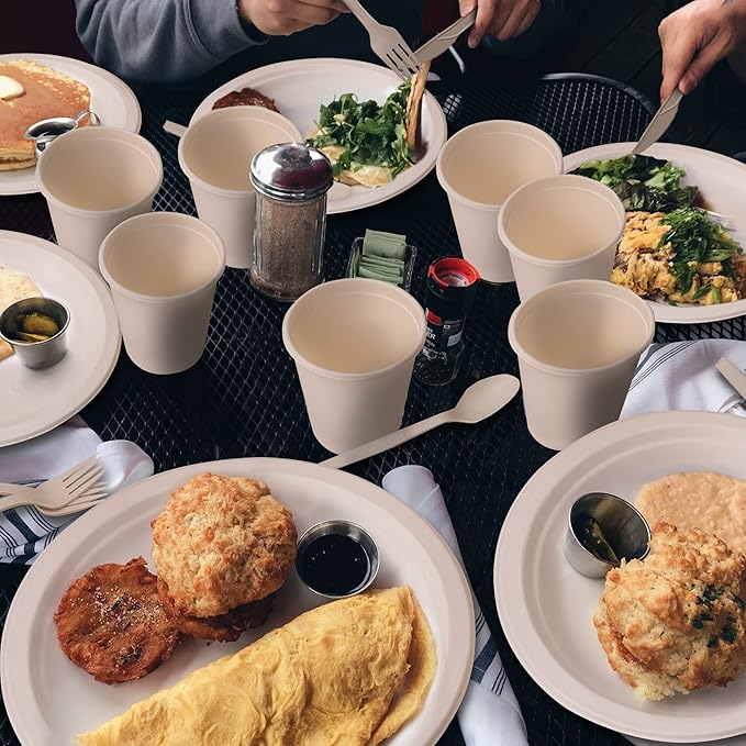 300 Piece (50 Sets) Biodegradable Paper Plates Set (EXTRA LONG UTENSILS), Disposable Dinnerware Set, Eco Friendly Compostable Plates & Utensil include Plates, Cups, Forks, Knives and Spoons