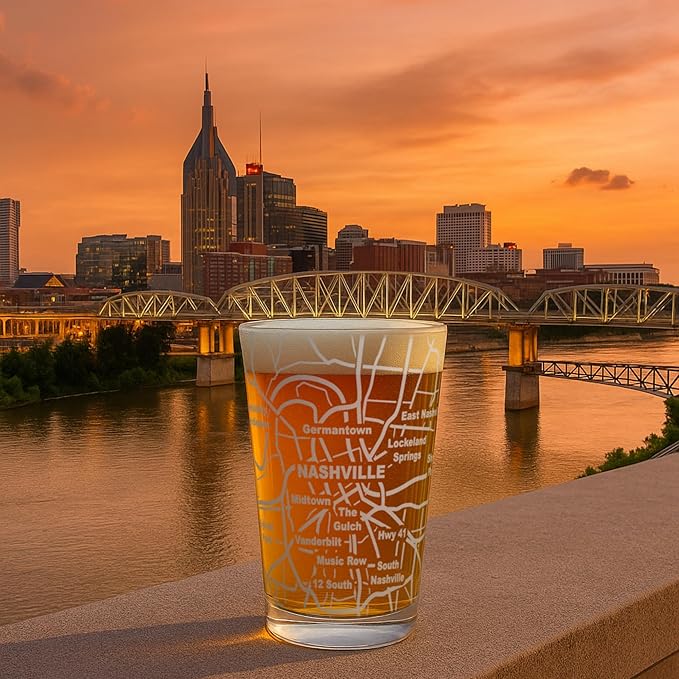 Greenline Goods – Nashville, TN Map Pint Beer Glasses (Set of 2), 16 oz – Etched Wrap Design