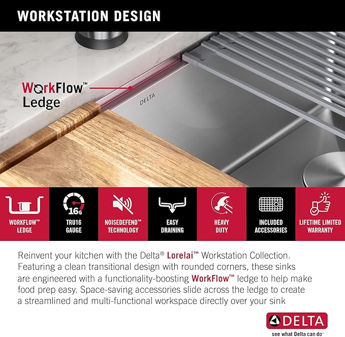 DELTA FAUCET 95B932-27S-SS Lorelai Workstation Kitchen Sink Undermount Stainless Steel Single Bowl with WorkFlow Ledge and Chef’s Kit of 6 Accessories
