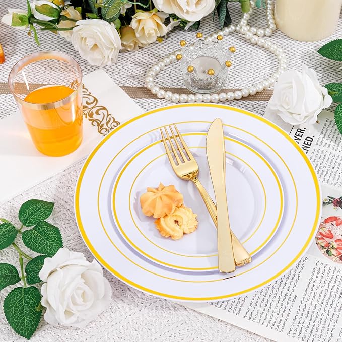 Supernal 800Pcs Gold Plastic Dinnerware Set, White Elegant Plastic Plates, Heavy Duty Disposable Plates Serve 100 Guests Including Dinner & Dessert Plate, Gold Silverware, Cups and Napkins for Wedding